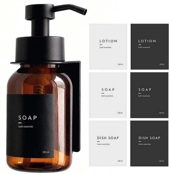 Dispensatore di sapone da parete - Bottiglia riutilizzabile 500 ml - Pompa in materiale nero opaco - Imbottito a prova d'acqua - Adesivo forte - Nessuna perforazione richiesta