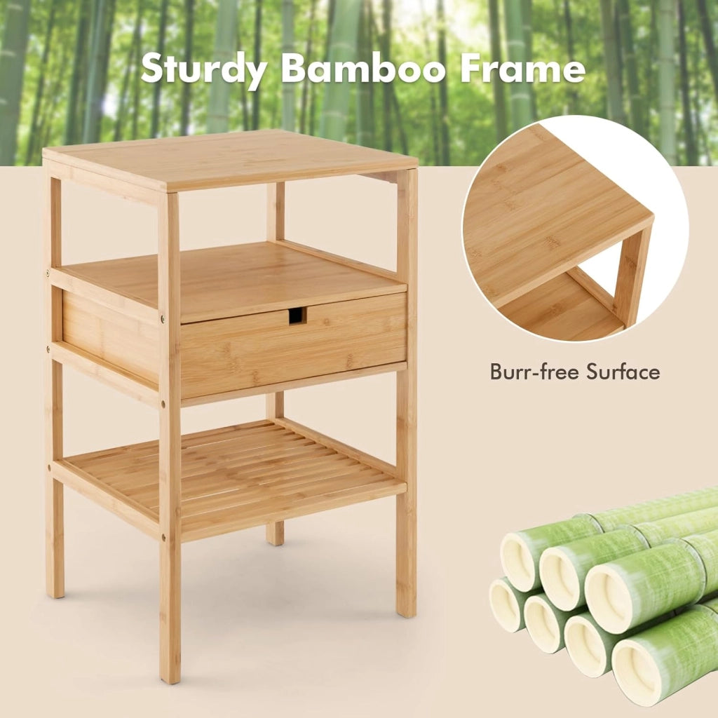Set di 2 comodini in bambù, comodino con cassetto, 3 ripiani, comodino da letto, punta da divano, semplice e moderno, a 3 livelli, tavolino per soggiorno, camera da letto, 40 x 40 x 68 cm