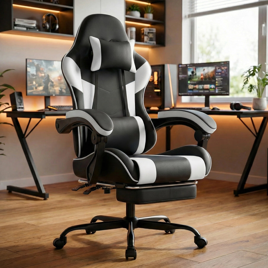 Sedia gaming ergonomica con supporto lombare schienale reclinabile e braccioli sincronizzati in PVC nero bianco 77 × 57 × 25 cm