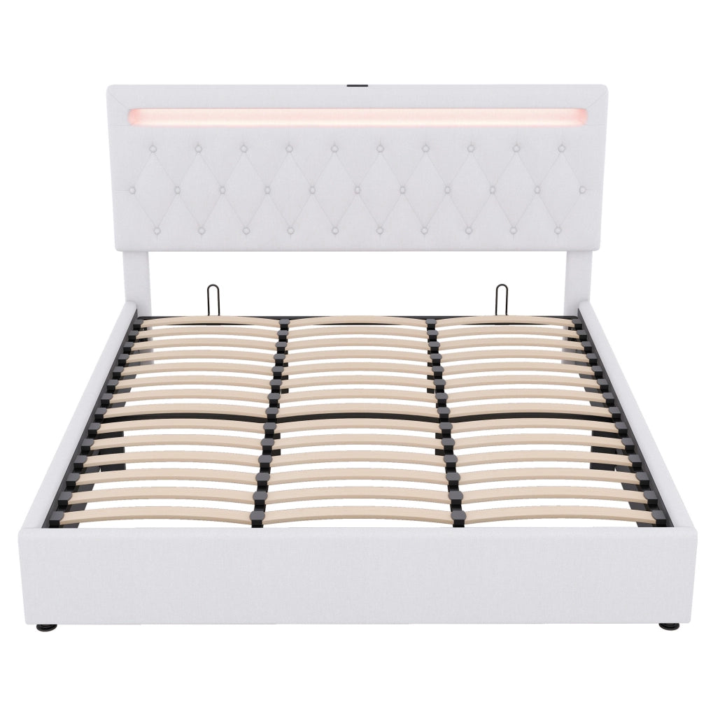 Letto imbottito 180x200 cm con contenitore idraulico; LED controllabile via app e USB; bianco