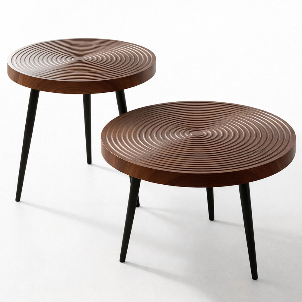 Set 2 Tavolini da Caffè Tondi Noce Design Industrial Tavoli da Soggiorno Rotondi