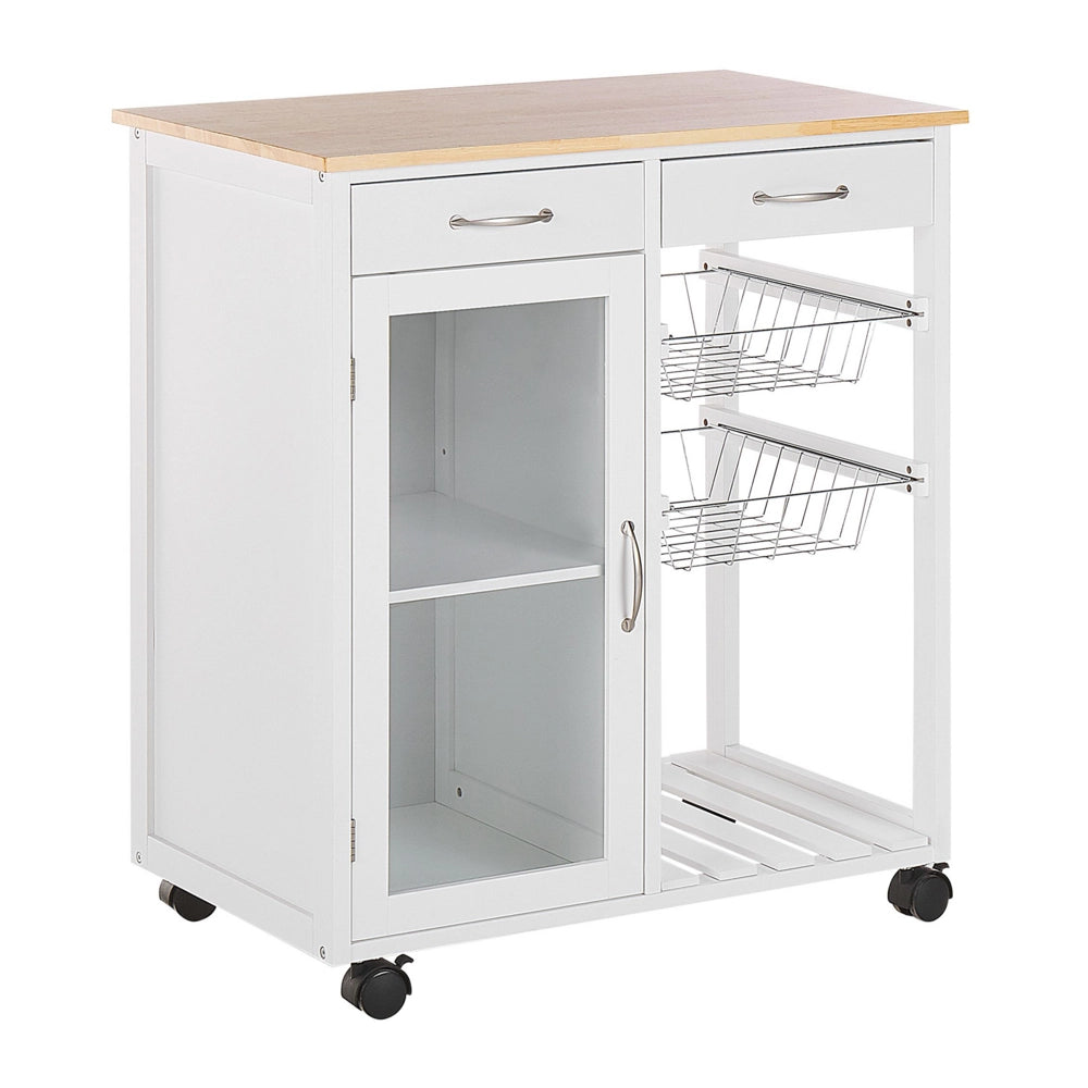 Carrello Cucina Legno Pino Bianco 2 Cassetti 1 Mobiletto 2 Scaffali Ruote Soggiorno