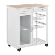 Carrello Cucina Legno Pino Bianco 2 Cassetti 1 Mobiletto 2 Scaffali Ruote Soggiorno