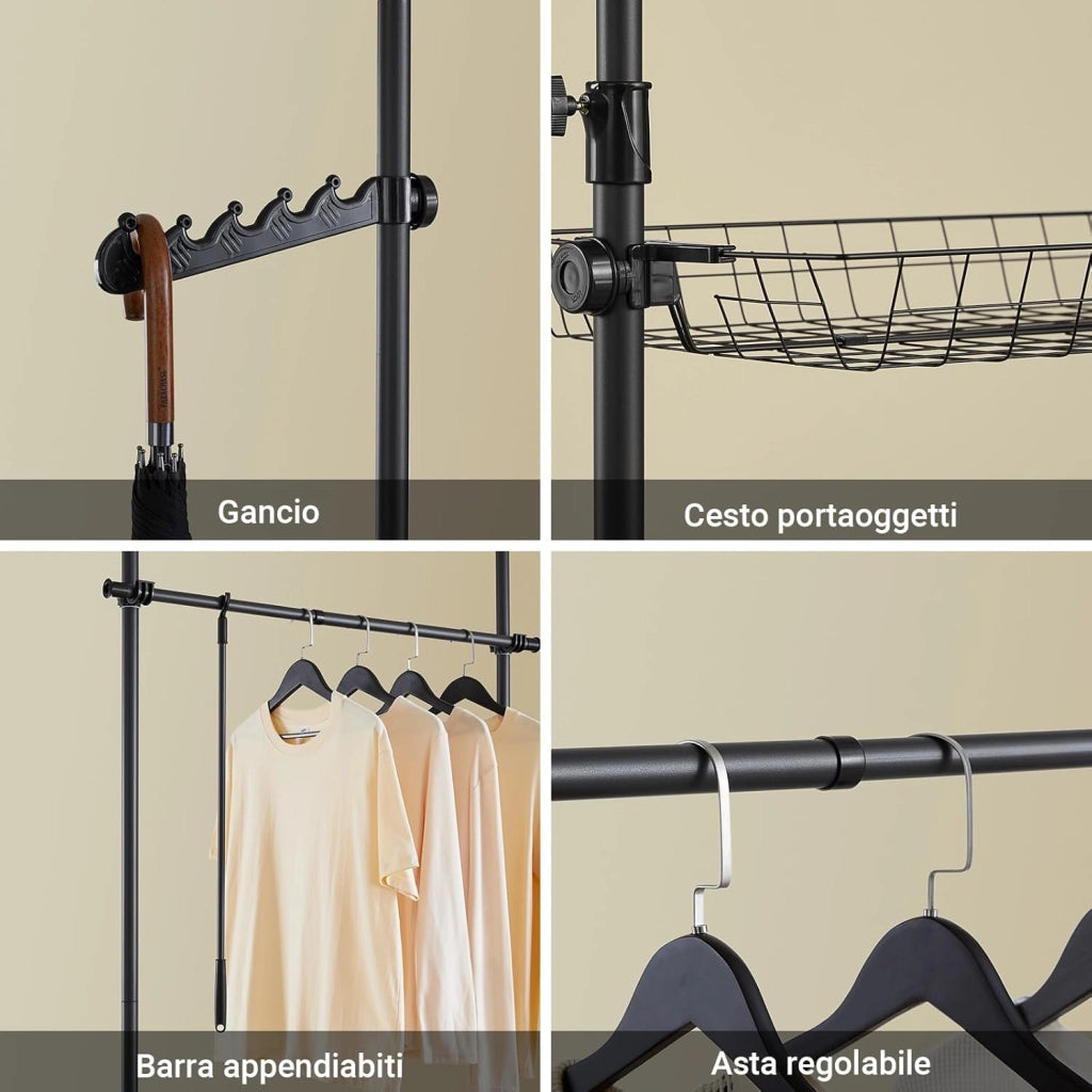 Telescopic Appendiabiti da Terra, Robusto Stand Appendiabiti con Aste e Ripiani, Armadio Aperto Regolabile per Camera da Letto, Porta Abiti Nero KLS04-II-SCH