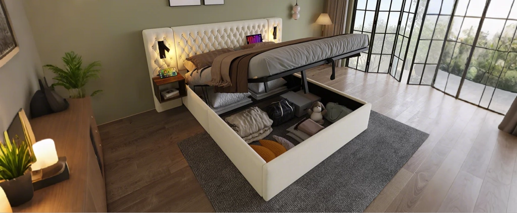 DESMIU Letto contenitore 2 posti con 2 comodini, USB, Type-C e luci da lettura 180 × 200 cm, senza materasso