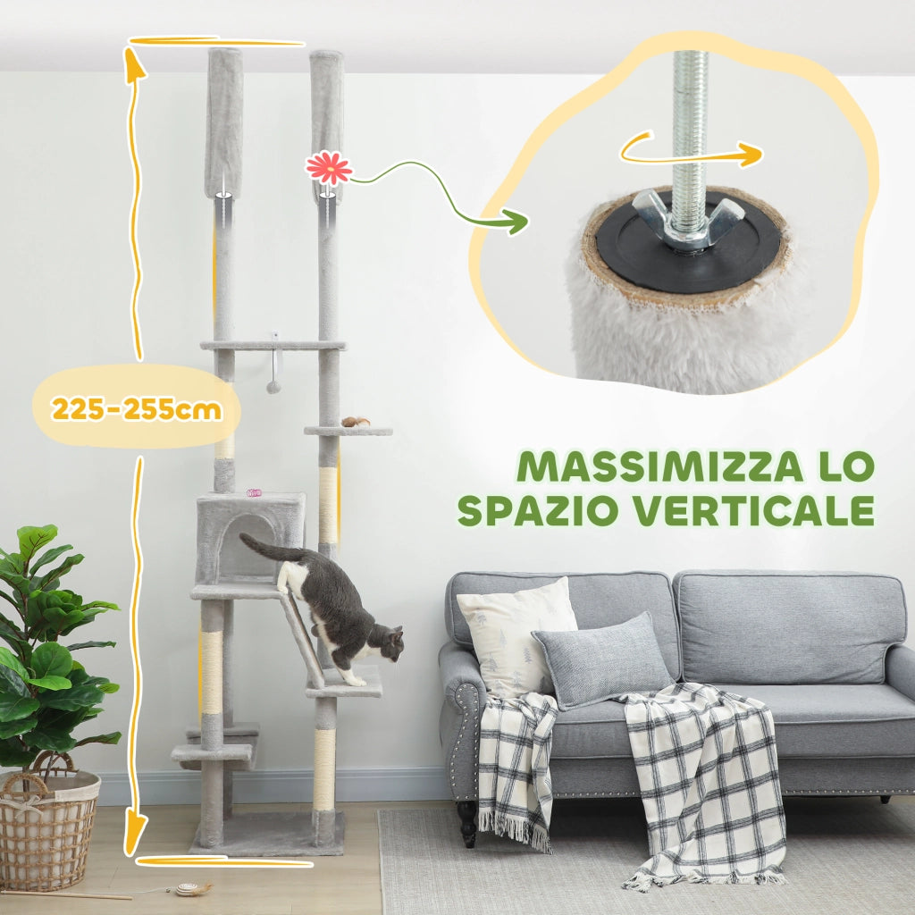 Albero Tiragraffi a Soffitto con Altezza Regolabile 225-255 cm con Casetta e Amaca. Grigio Chiaro