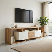Cassettiera TV bianca e naturale in truciolare; lunghezza 180 cm