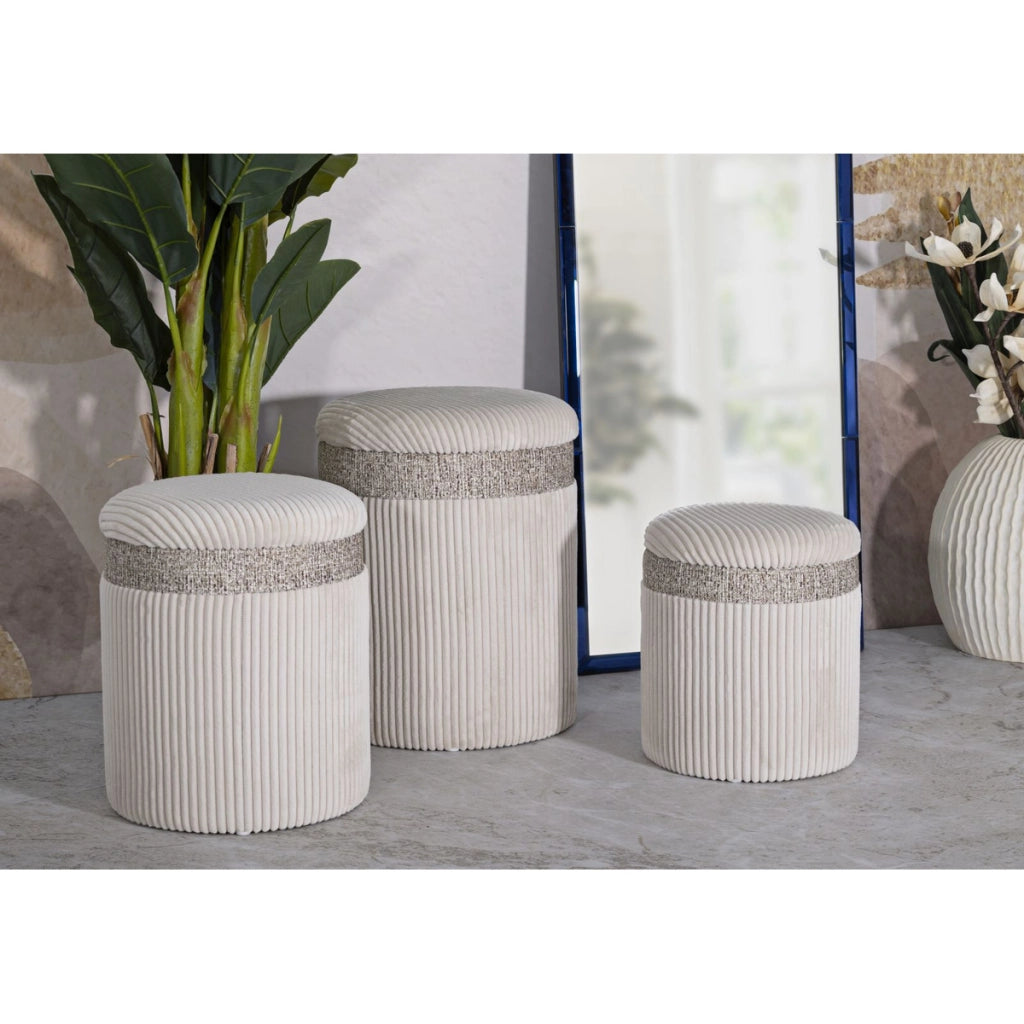 Set 3 pouf contenitore Cortina in poliestere crema Ø40x49, Ø35x42 e Ø31x38 cm