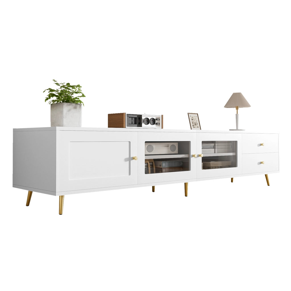 Mobile TV basso moderno con 2 cassetti, 2 ante in vetro e 1 anta, ampio spazio contenitore, bianco, 170¡Á40¡Á28 cm