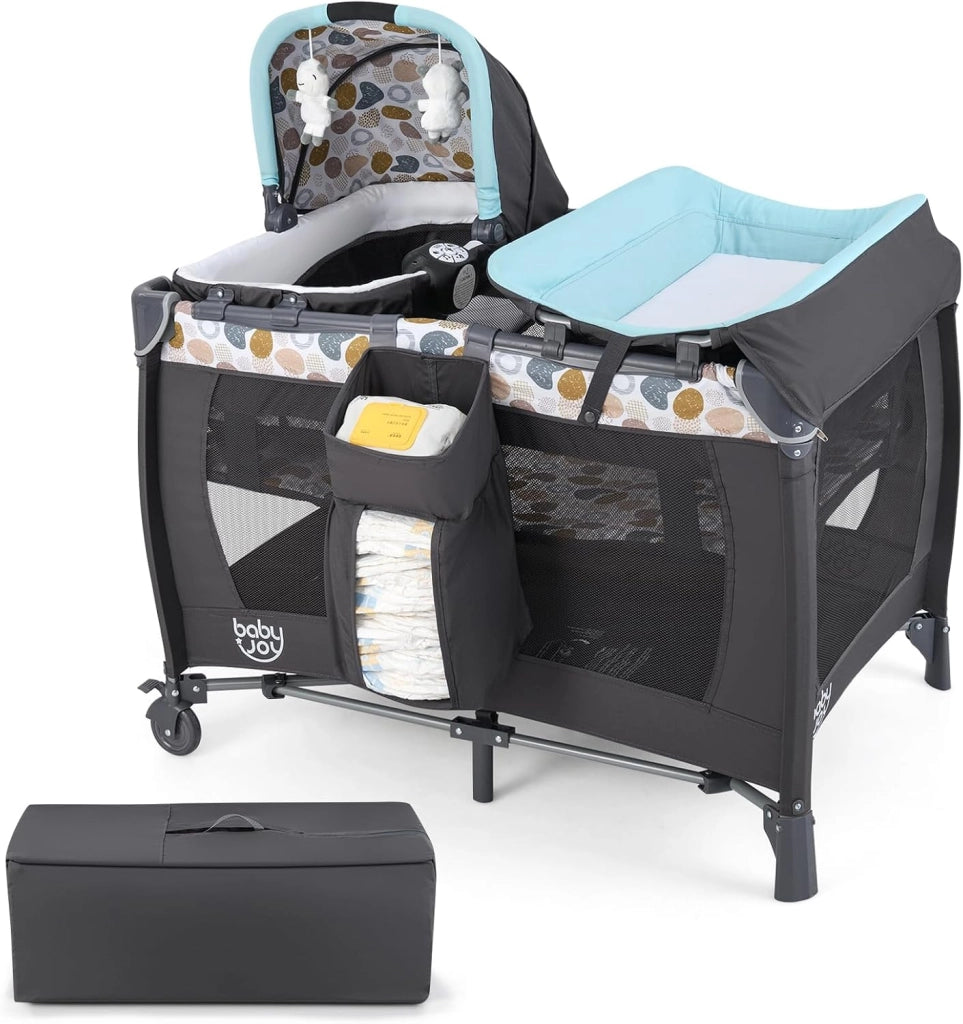 5 in 1 Culla Campeggio Bambini, Lettino Viaggio Neonati Pieghevole con Materasso, Fasciatoio, Box Portatile con Ruote, 2 Giocattoli e Carillon, per Bambini 0-3 Anni (Blu)