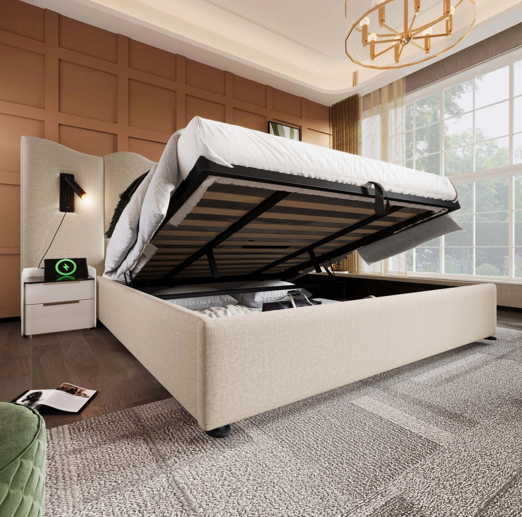 Letto contenitore 180x200 cm con lampada da lettura e ricarica USB e Type-C in lino beige