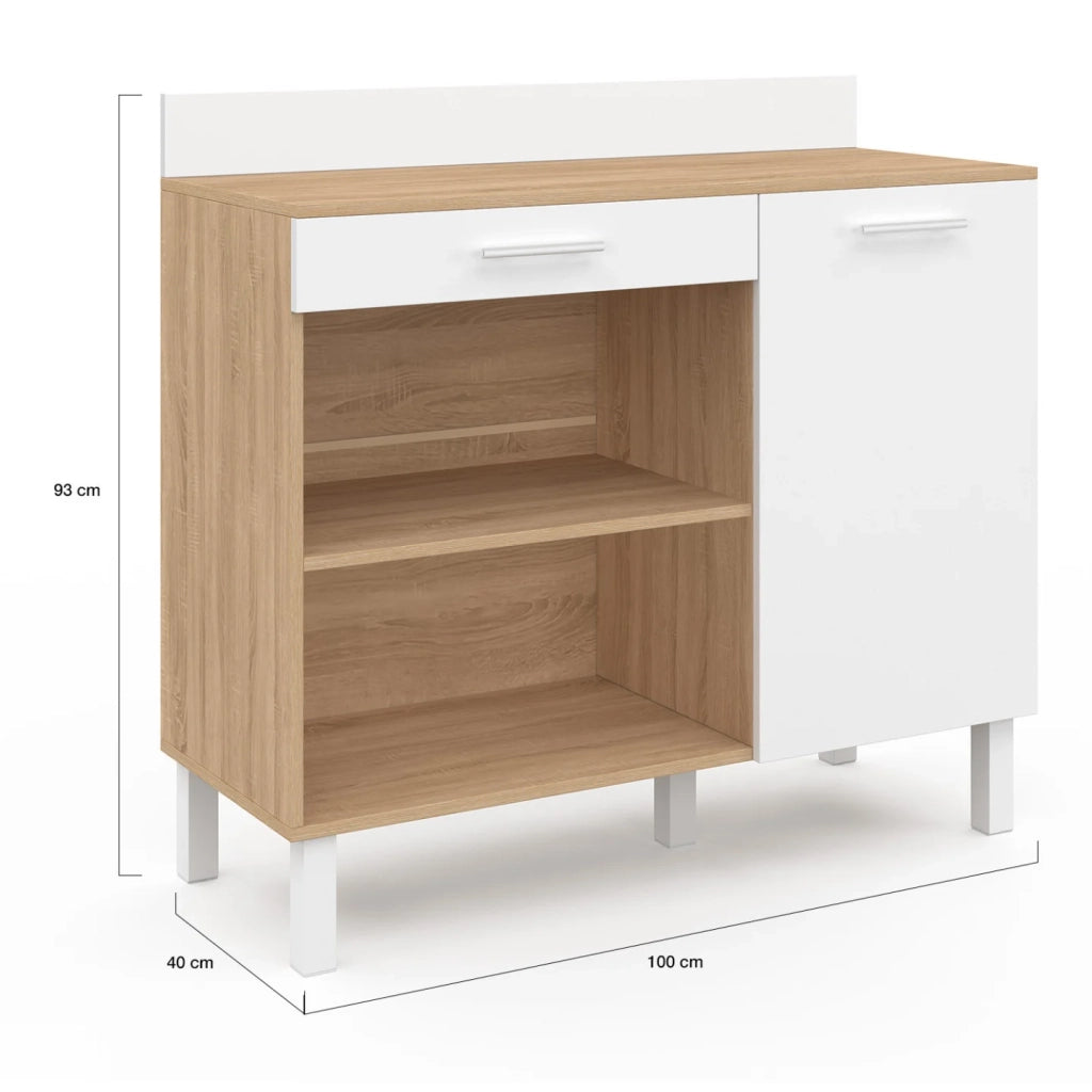 IDMarket - Credenza bassa 100 cm Piano di lavoro CINA H.83 cm 1 anta + 1 cassetto finitura faggio e bianco