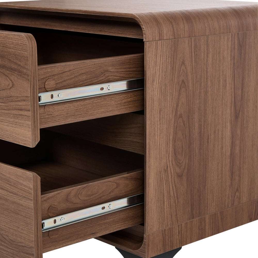 Comodino marrone scuro in MDF con 2 cassetti e gambe in ferro dal design moderno per camera da letto