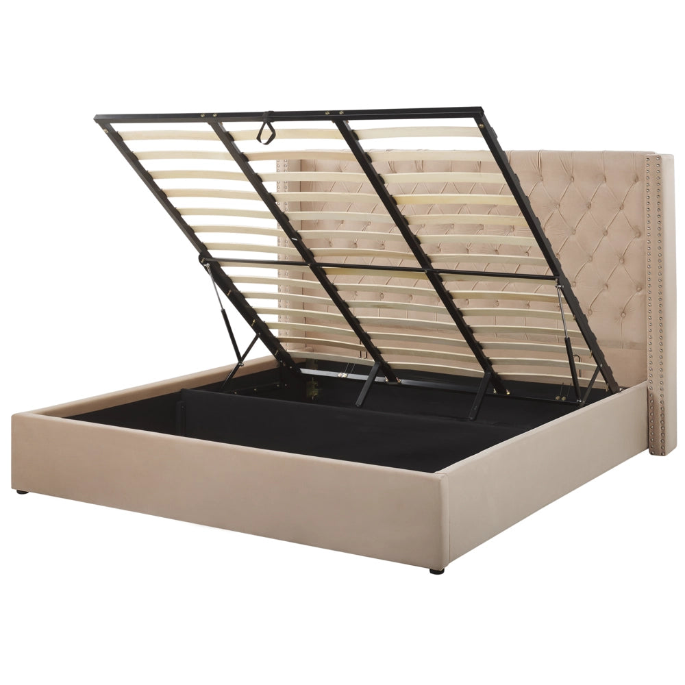 Letto con contenitore in velluto beige imbottito con testiera alta 18 m Super King Size