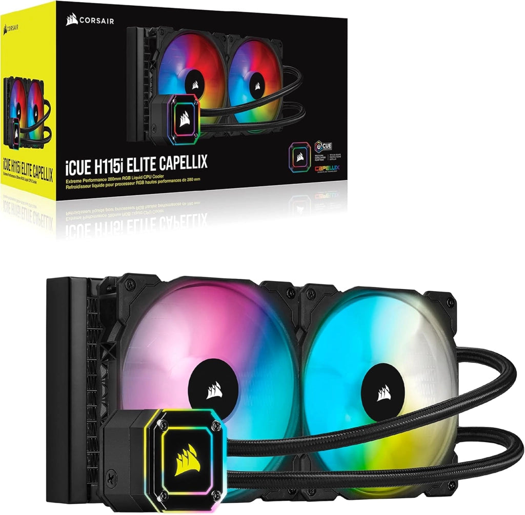 Dissipatore a Liquido 33 LED RGB CAPELLIX Ultra-Luminosi, Due Ventole PWM ML RGB da 140 mm, 400 a 2.000 RPM, Modalità Zero RPM, iCUE Commander CORE Incluso, Nero, Radiatore di 280mm