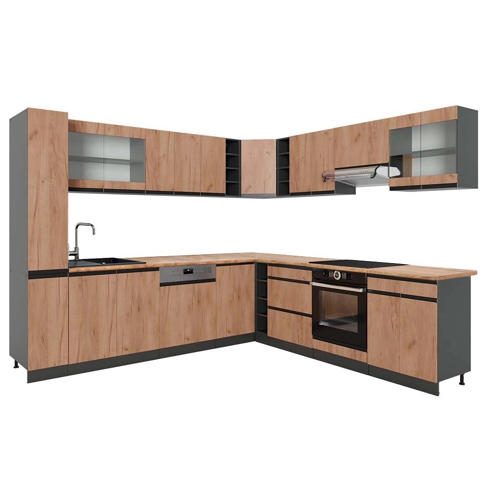 Cucina angolare completa R-Line Rovere dorato/Antracite 277 x 257 cm J-Shape, PL Rovere Vicco
