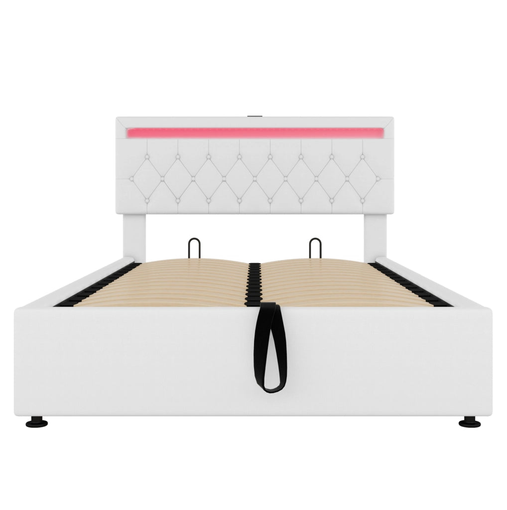 Letto imbottito 140x200 cm con contenitore; LED e porte USB/Type-C; bianco