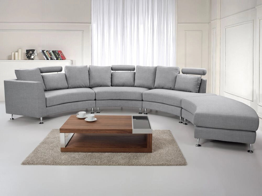 Divano Curvo Grigio Chiaro Tappezzeria Modulare 8 Posti Poggiatesta Regolabile Moderno