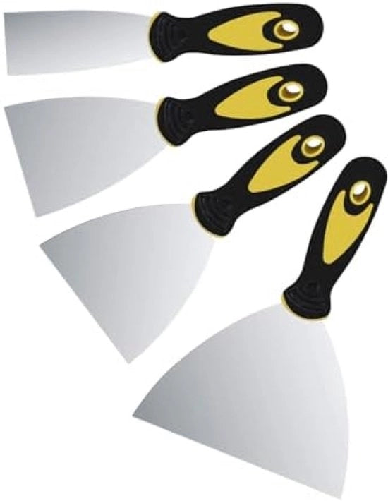 Set di spatole professionali, raspatelli in acciaio inossidabile con manico ergonomico in plastica per rimozione di carta da parati, piastrelle di gesso e verniciatura (5 pollici, 7,8 cm, 10 cm, 12 cm)