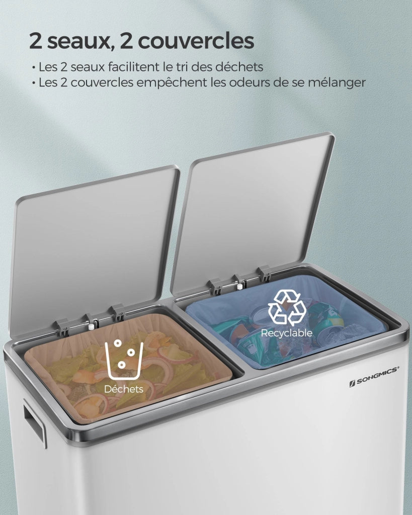 Pattumiera a 2 pedali con doppio scomparto 2 x 30 litri acciaio inox anti-impronta secchio interno in plastica con manico 12_0007159