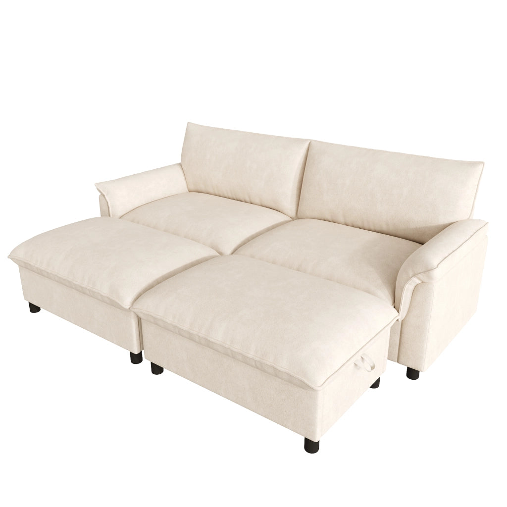 Divano modulare con pouf contenitore e funzione letto - in chenille beige