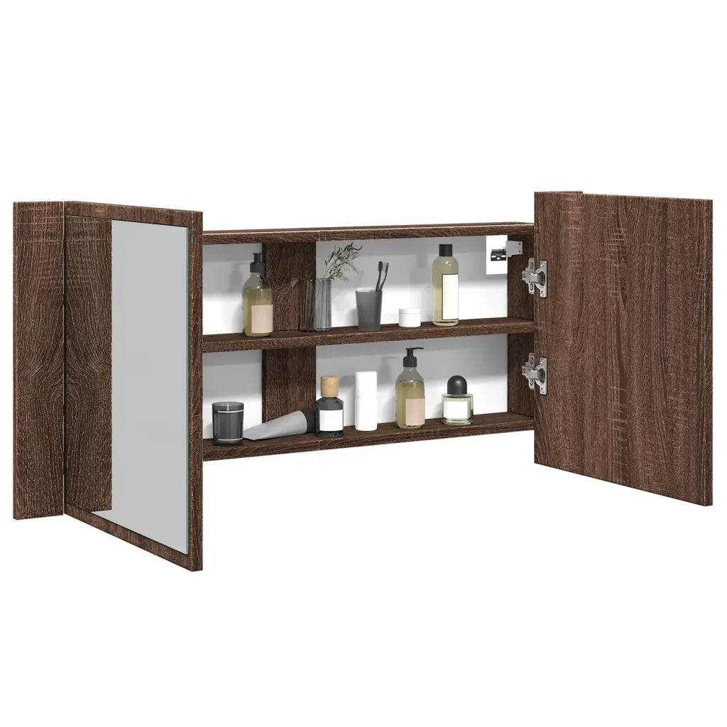 Armadietto Specchio con LED da Bagno-Mobile bagno con specchio Rovere Marrone 100x12x45cm