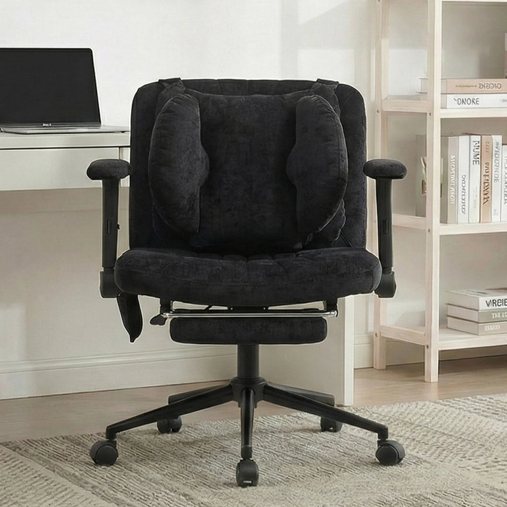 Sedia girevole da ufficio in tessuto nero con supporto lombare