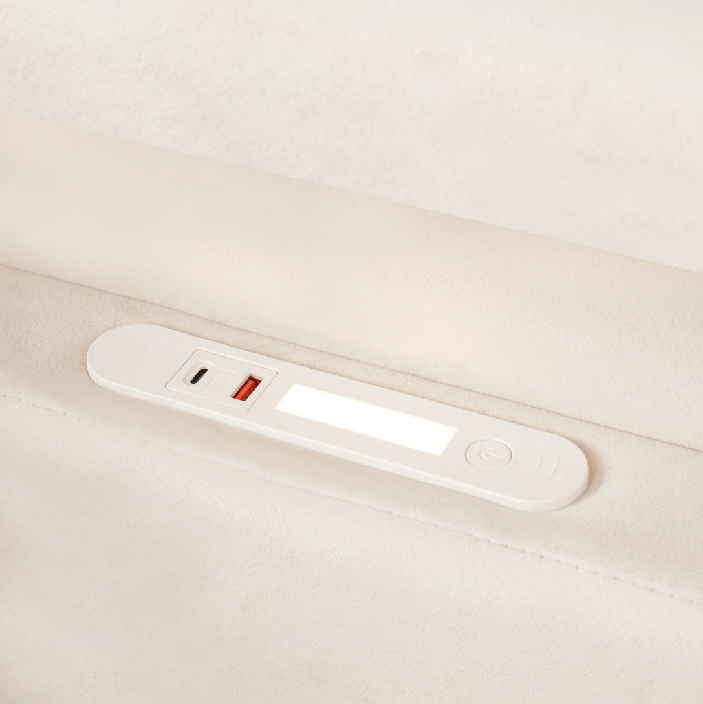 Letto bambino 90x200 cm in velluto beige con sponde imbottite; luce notturna e porte USB e Type-C