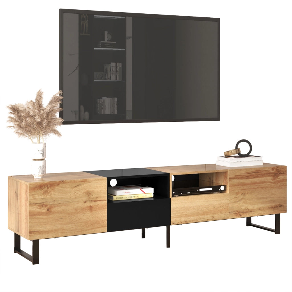 Mobile TV con 2 Ante e 2 Cassetti; Guide 30 cm; Stile Moderno; Soggiorno; 190??38??48 cm; in MDF; Nero e Legno Naturale