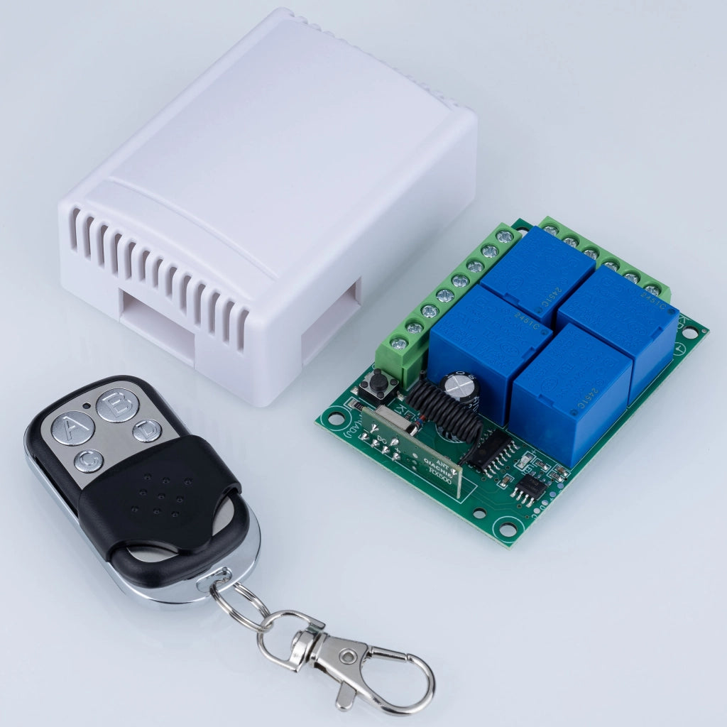 Modulo Relè con Telecomando 433MHz – 4 Canali, Portata 100m | Alimentazione 12V DC, Frequenza 433MHz
