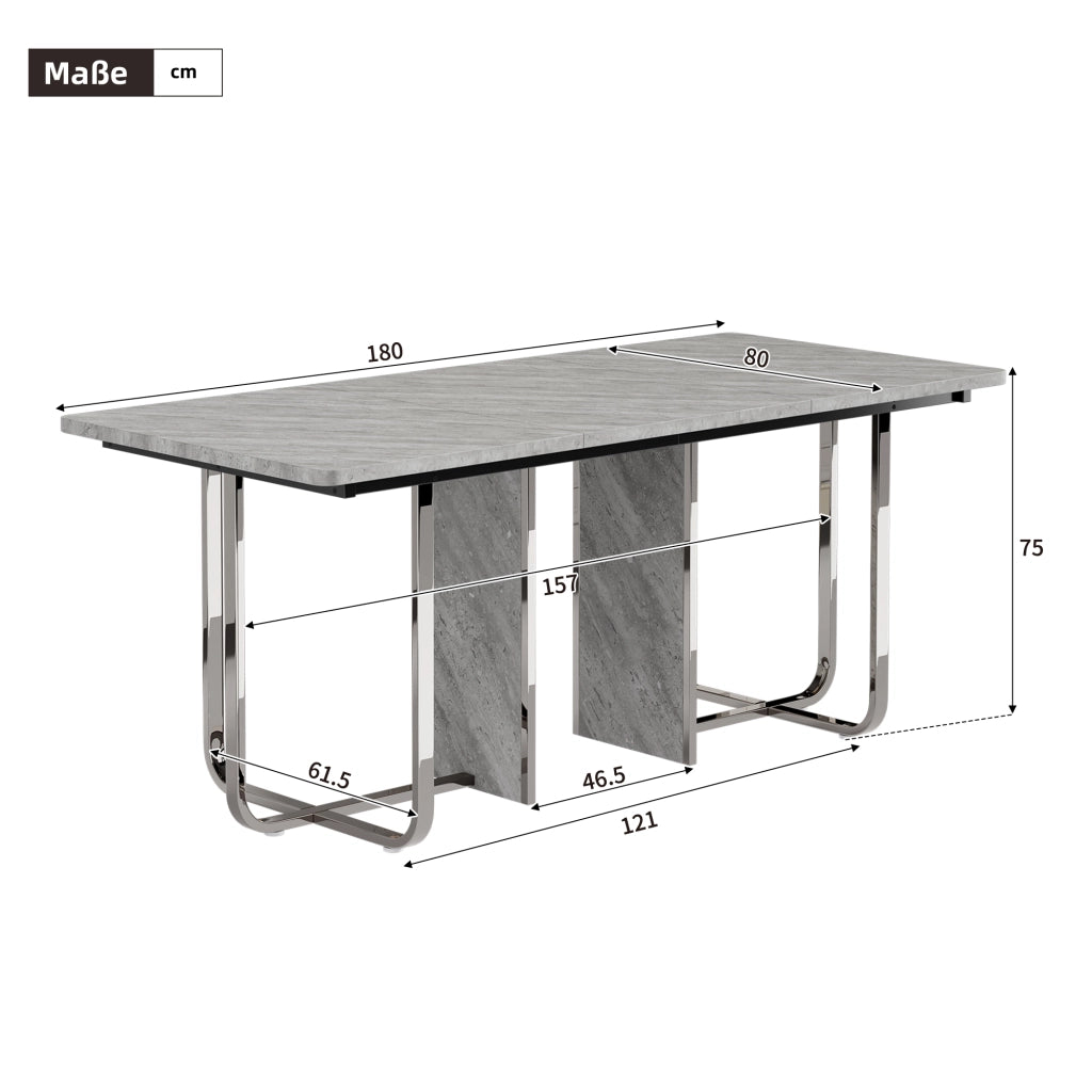 Tavolo da pranzo moderno 180 x 80 cm, piano in MDF grigio e gambe in metallo, per 6-8 persone
