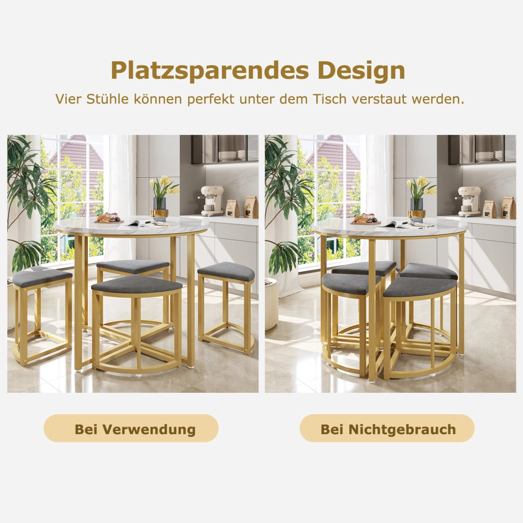 TAVOLO Set da 5 pezzi rotondo 80 cm MDF bianco e metallo dorato con 4 sedie