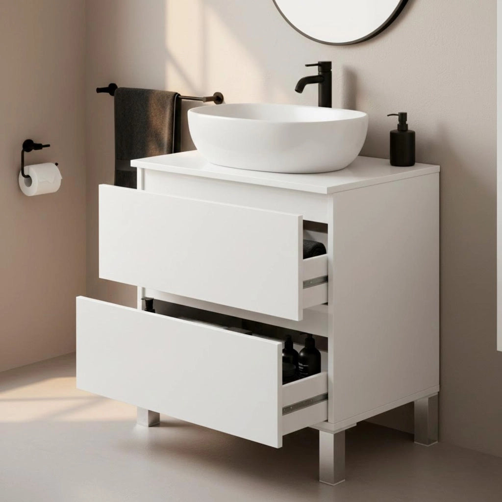 Mobile Bagno Con Lavabo Da Appoggio Due Cassetti Salvaspazio Guide In Metallo E Gambe In Alluminio Stile Moderno Minimal Per Lavanderia E Ripostiglio 63.5 x 60 x 40 Cm Bianco Lucido