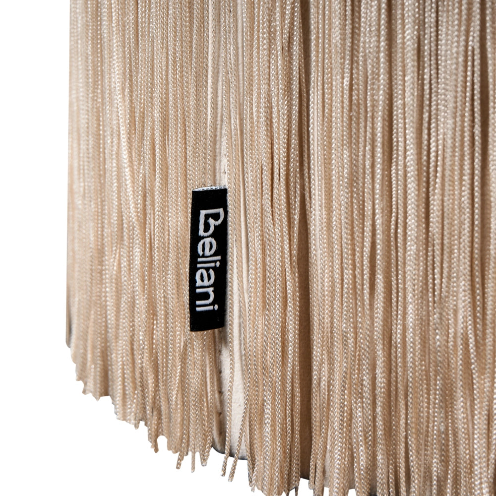 Pouf ottomana rotondo in velluto beige con pouf Glam con nappe