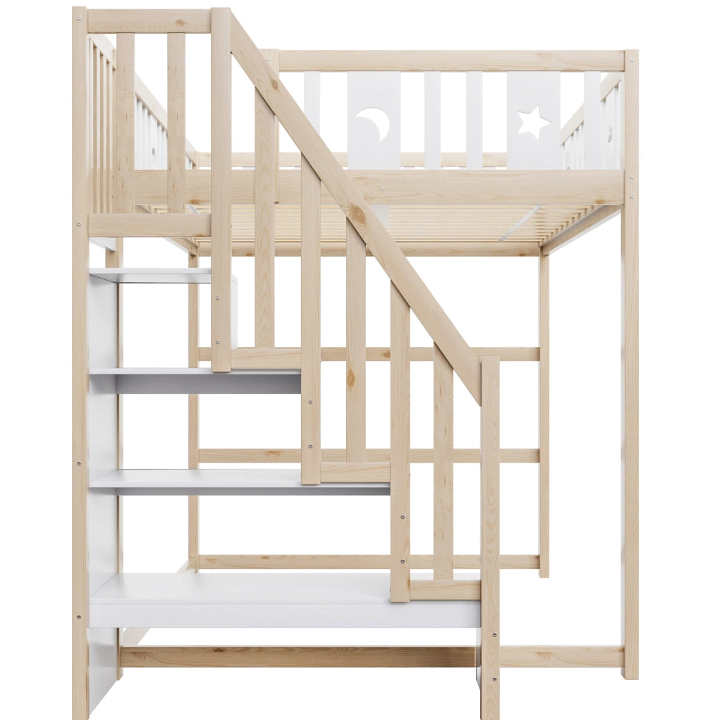 Letto a soppalco per bambini 140x200 cm con scala; ripiani e area divano; bianco e naturale