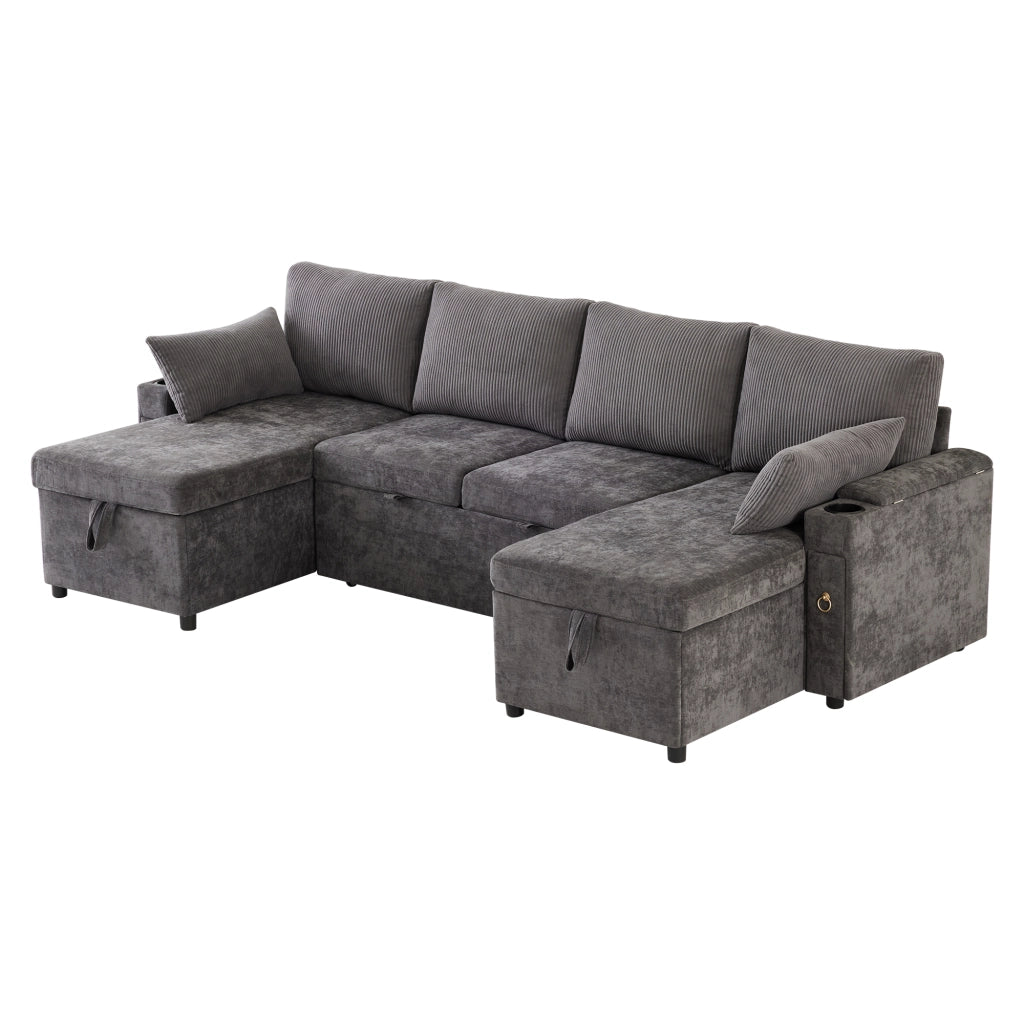 Divano a U convertibile con contenitore e portabicchieri, in ciniglia e velluto a coste grigio 272 × 131 × 84 cm