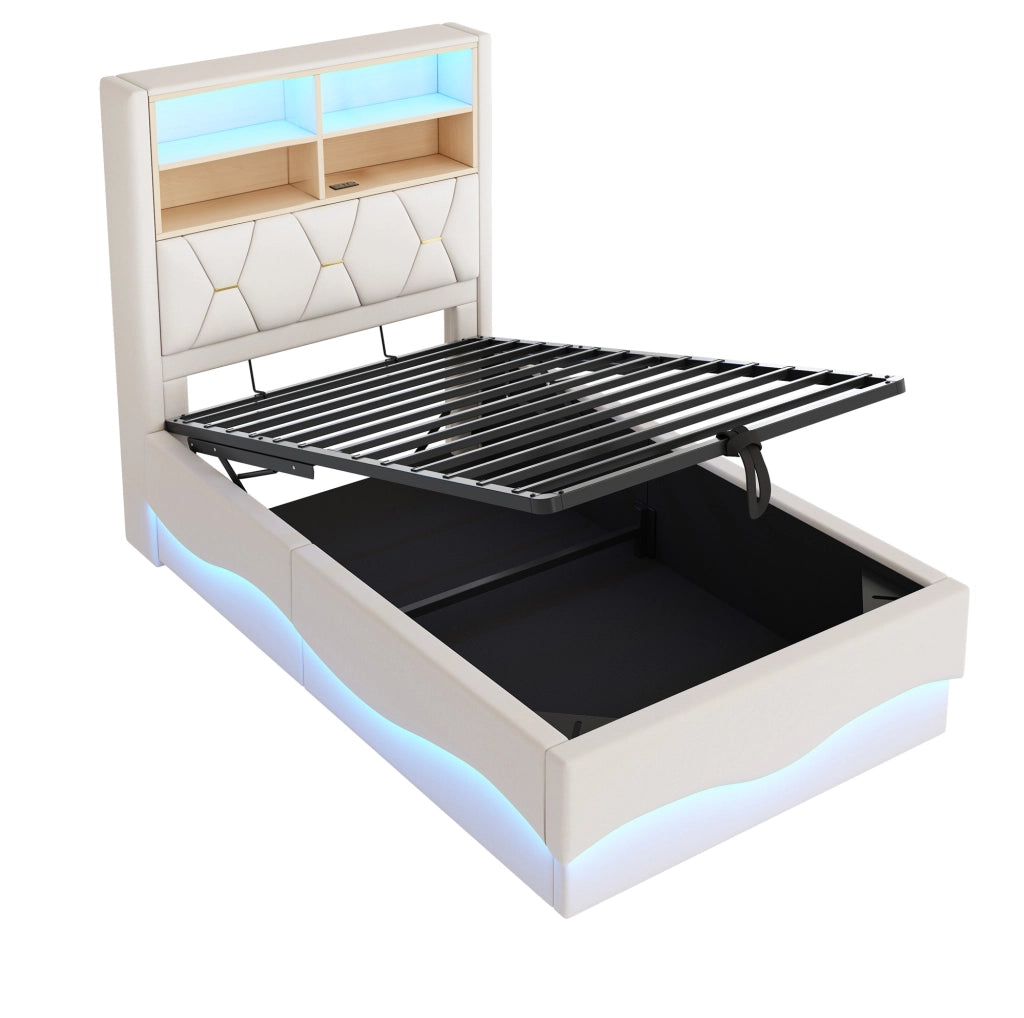 Letto per bambini 90x200 cm con contenitore; LED e USB in ferro e lino beige