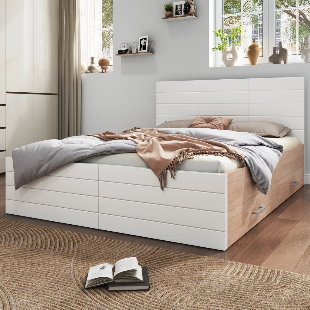 OKWISH Letto con Cassetti 180×200 cm, Letto Matrimoniale con 2 Cassetti, Ampio Spazio sotto Letto e Testiera, senza Materasso, Bianco Rovere