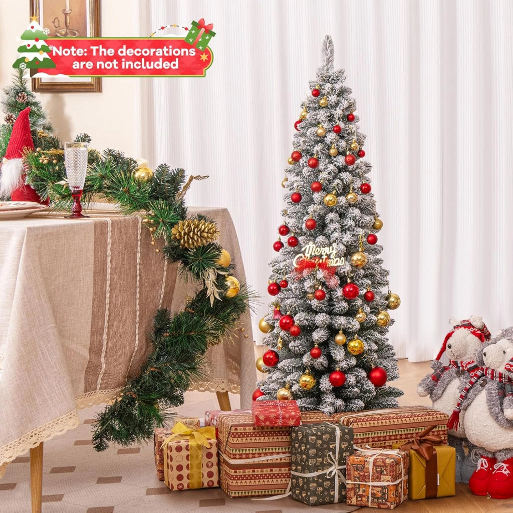 Albero di Natale Slim 120/150/180 cm, Albero di Natale Artificiale Innevato con 240/328/460 Rami e Supporto Metallico Pieghevole, per Piccoli Spazi, Decorazione per Casa e Feste (150 cm)