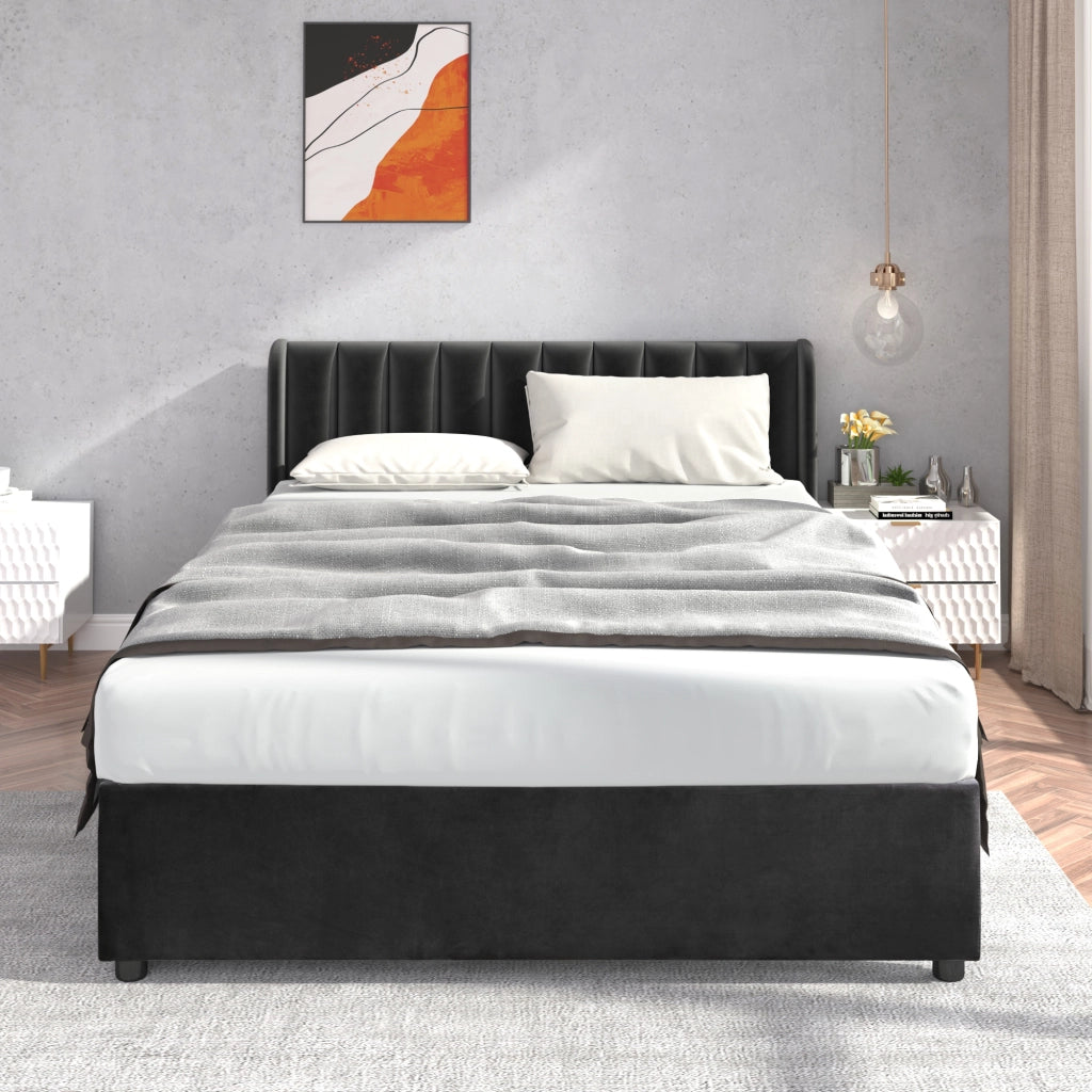 OKWISH Letto con Cassetti 160×200 cm, Letto Matrimoniale con 2 Cassetti e Testiera Imbottita, senza Materasso, in Velluto, Nero