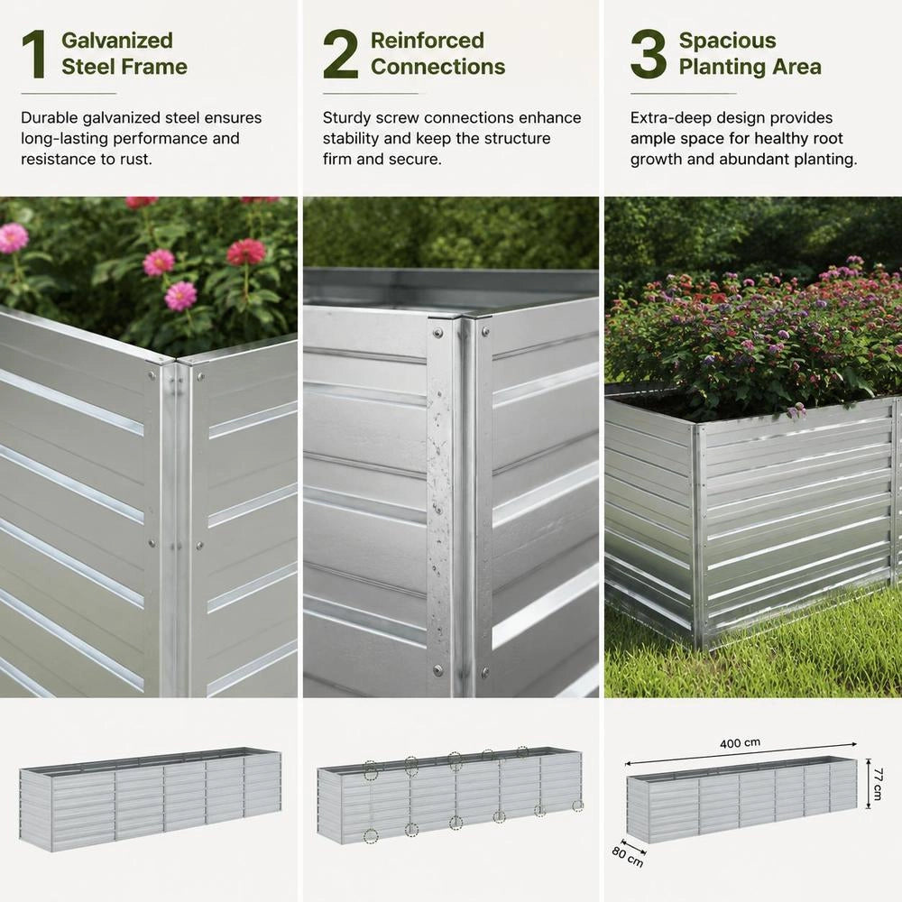 Garden Raised Bed 400x80x77 Cm Galvanized Steel Silver
