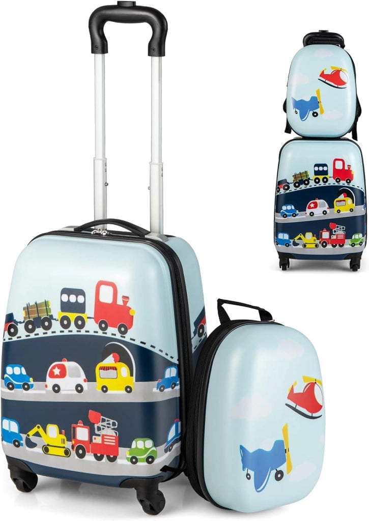 Set di Valigia 16’’ + Zaino 12’’ per Bambini 2 Pezzi, Bagagli 2-in-1 con Zainetto da Viaggio Aereo, Trolley con Maniglia Telescopica e 4 Ruote a 360° (Blu Traffico)