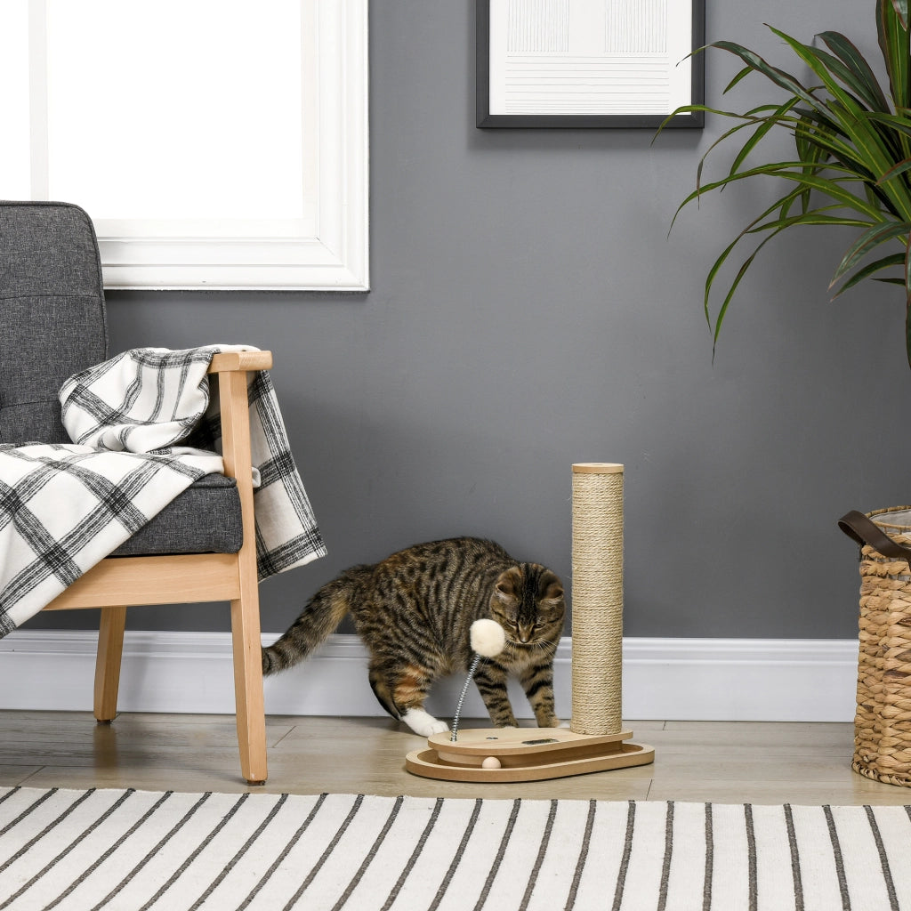 Tiragraffi per gattini con giocattoli e pista per palline ¨C Minimal ¨C 35x23x40 cm, naturale