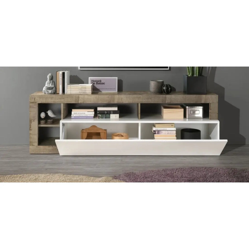 Mobile porta TV 1 anta, collezione BURA, colore bianco lucido laccato e rovere chiaro