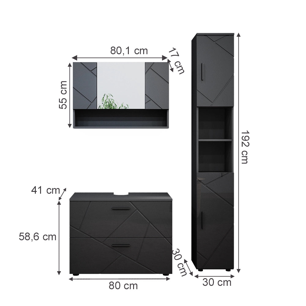 Vicco Set mobili bagno Antracite lucido 3 pezzi, base 80 cm