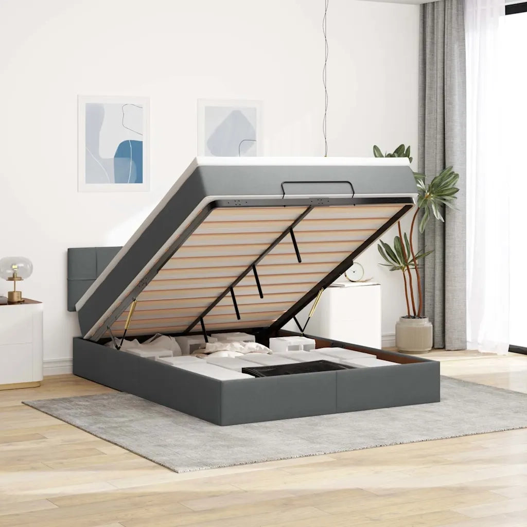 Pouf Letto con Materasso e LED Nero 140x200 cm in Tessuto