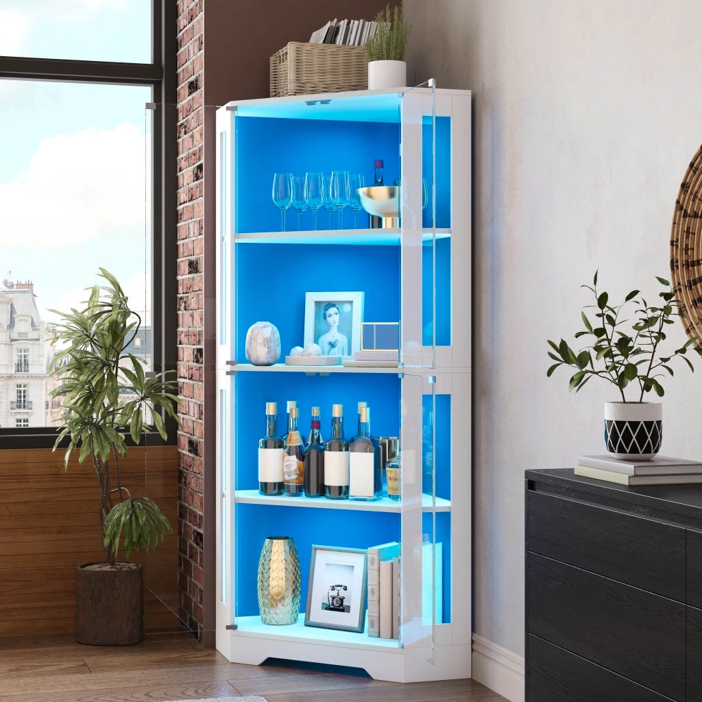 Credenza alta in MDF e vetro con LED RGB, 40x40x165 cm, vetrina con 4 ante e ripiani regolabili