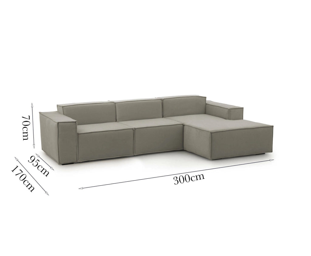 Divano fisso Ananas, Divano componibile a 3 posti con penisola destra, Made in Italy, SofÒ  moderno in tessuto, Cm 300x170h70, Tortora