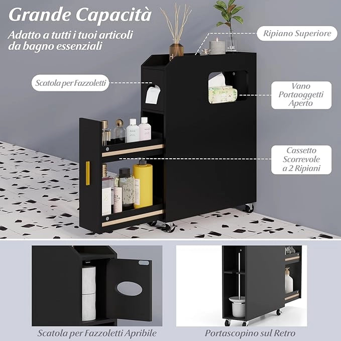 Credenza da Bagno Piccolo, Mobile Salvaspazio Stretto e Slim con Cassetto Scorrevole, Porta Fazzoletti, Portascopino e Ruote Bloccabile, Armadietto per Spazi Ridotti (Nero)