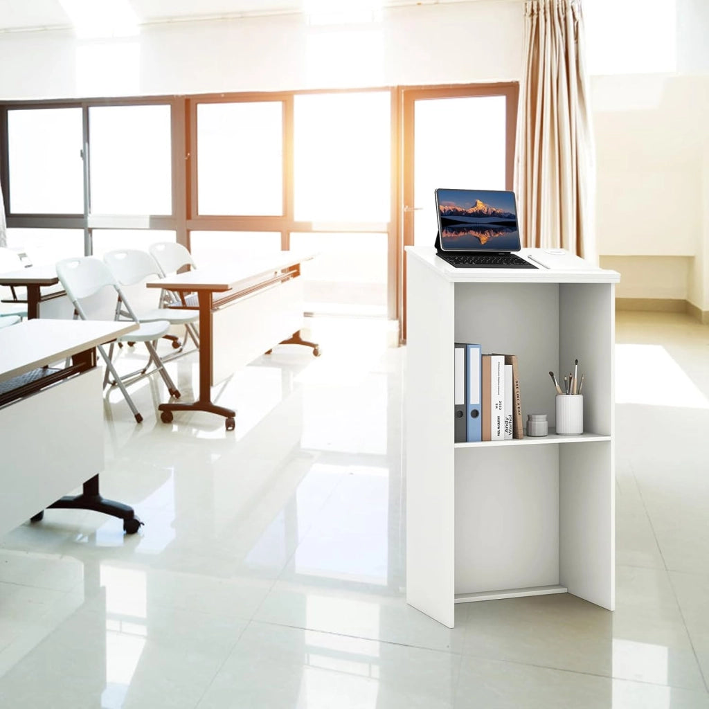COSTWAY Leggio per Oratori, Podio per Conferenza con Ripiani e Fori per Cavi, Leggio da Pulpito in Legno per Aula, Ufficio, Ristorante e Seminario (Bianco)